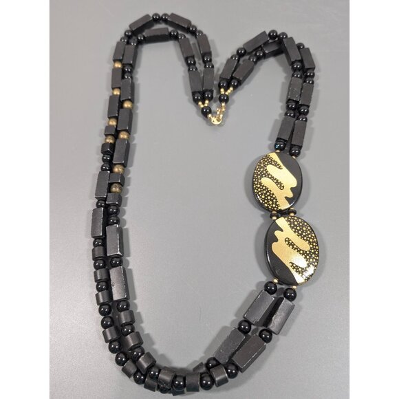 Vintage Japan Black Gold tone Double Strand Beaded Long Bold Necklace 30 in - Picture 2 of 16